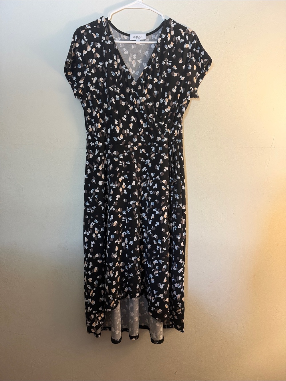Gilli Black Floral High-Low Wrap Dress with Cream and Light Blue Accents